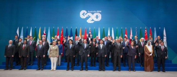 Leaders pose for a group photo at the G20 summit in Brisbane